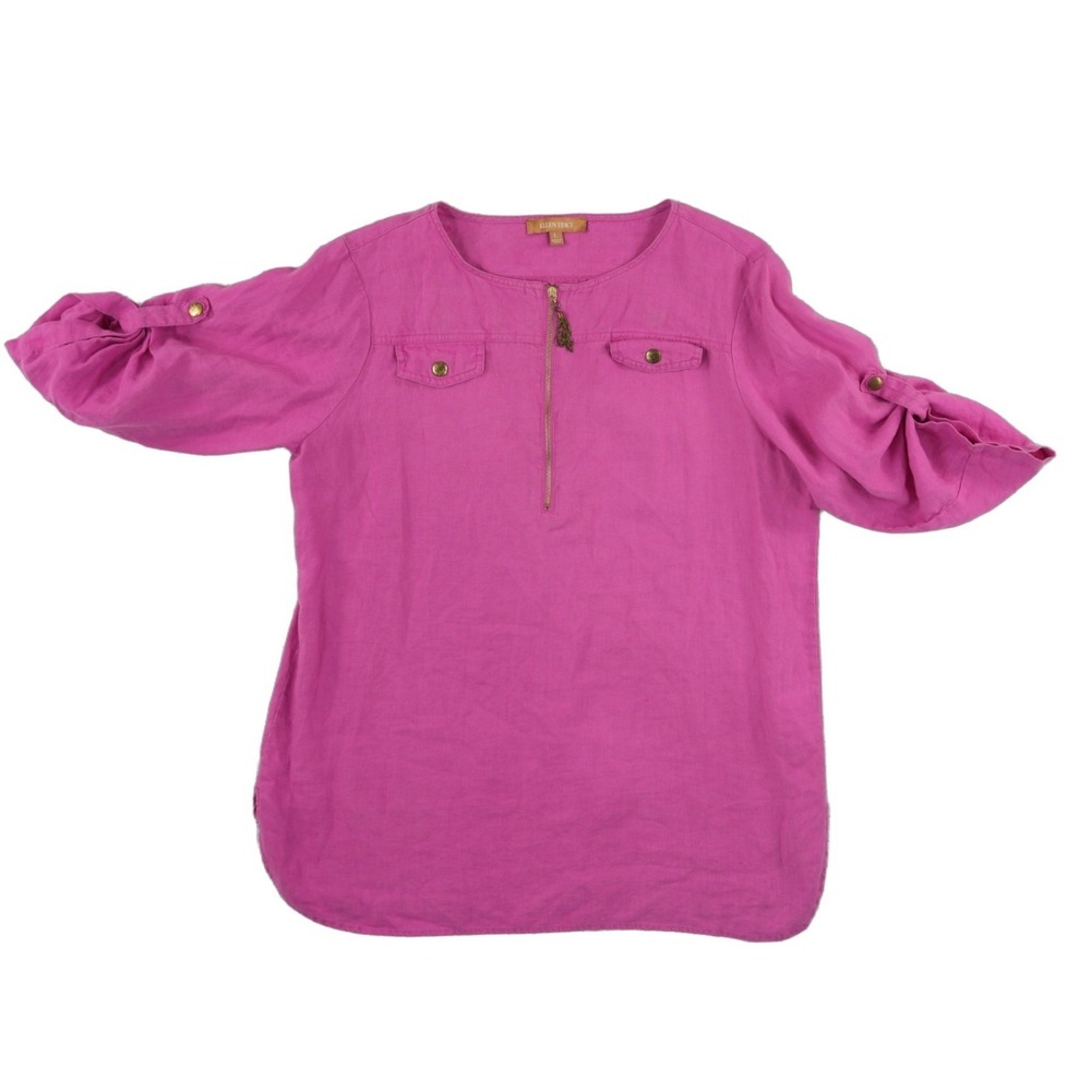 Ellen Tracy Pink 100% Linen Blouse Women's Size Large Half Zip Career Casual